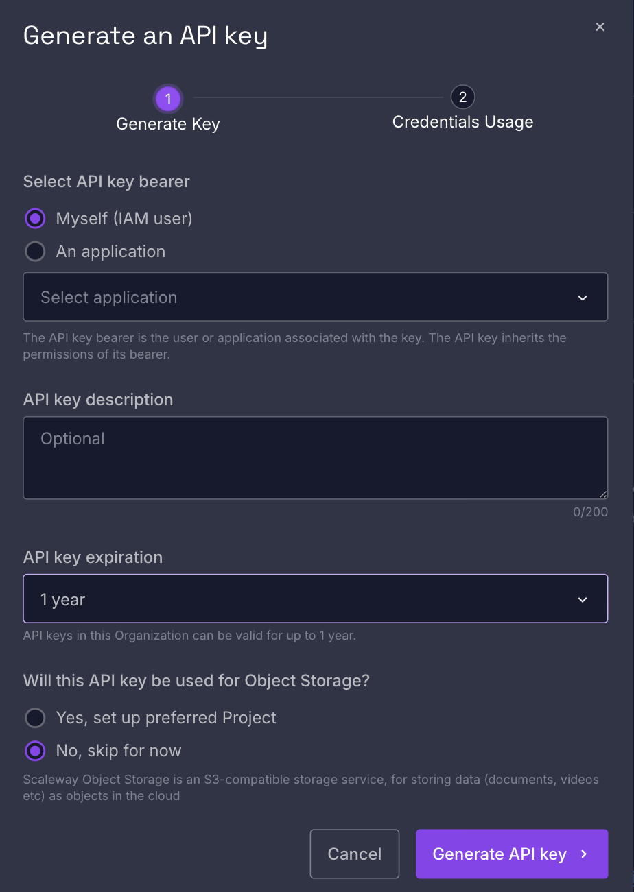 Generarea unei cheiAPIîn consola Scaleway